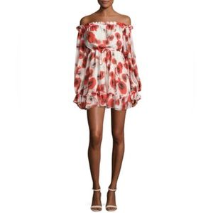 Vibrant floral-print chiffon dress.Elasticized off-the-shoulder with ruffle trim